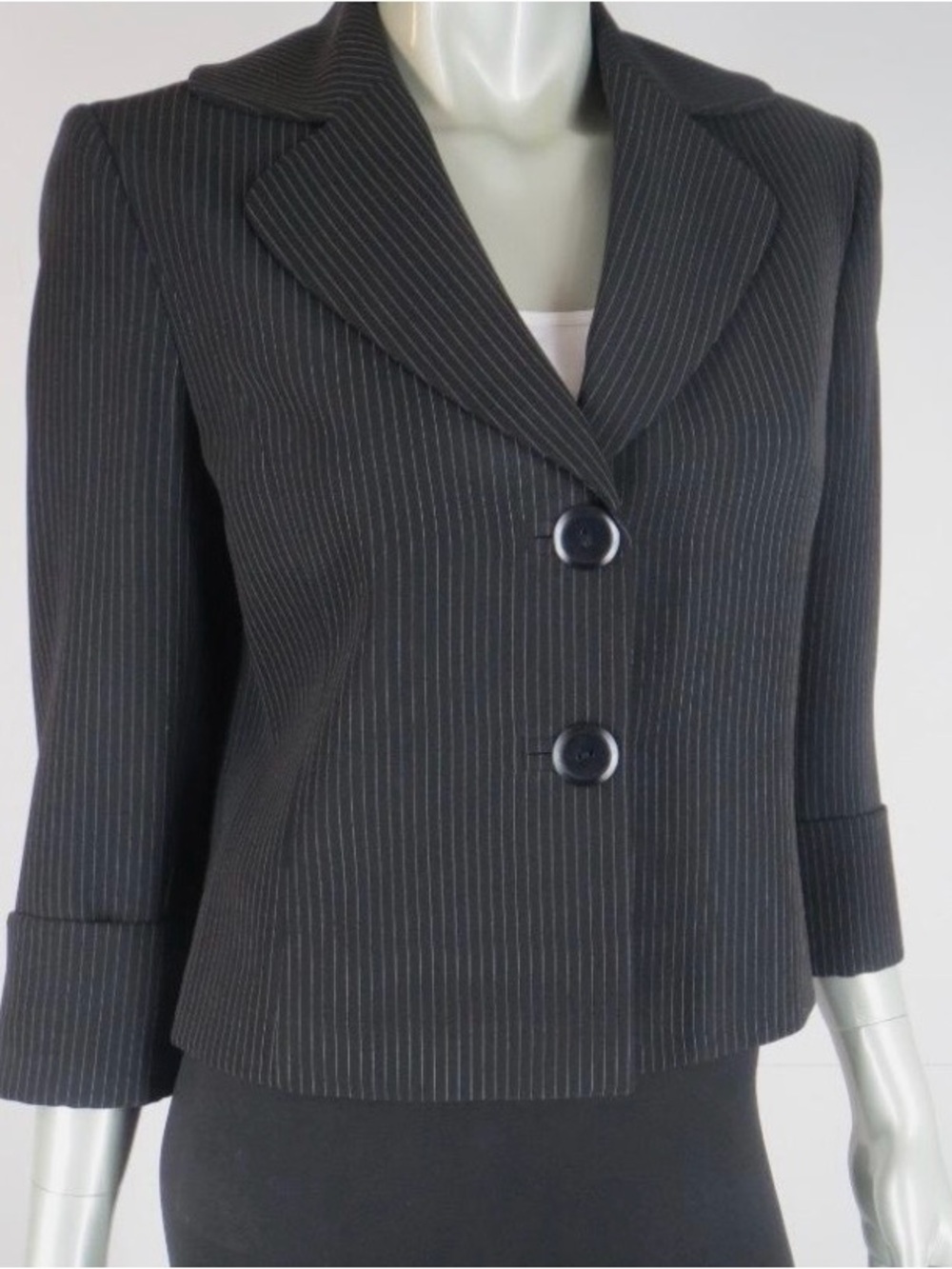 Tahari Cropped Blazer Jacket & Long Pant Suit Size 14 -Pinstriped 3/4 sleeves